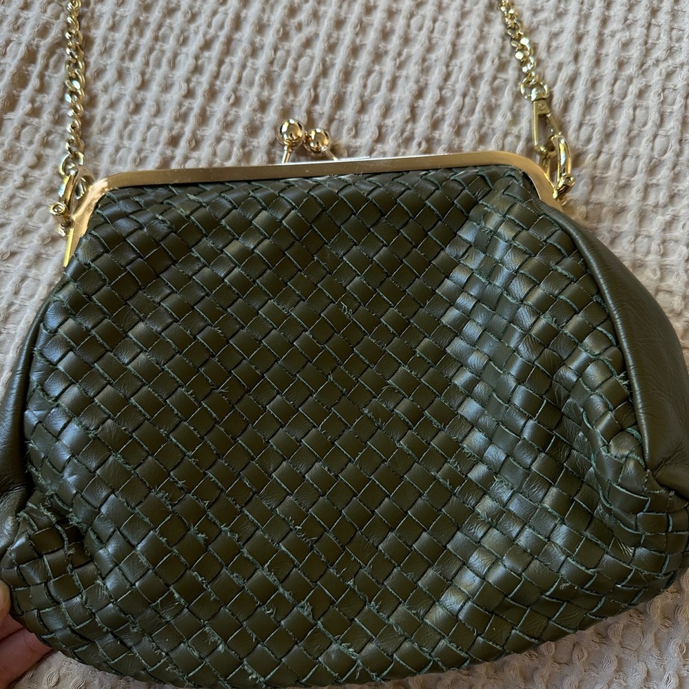 Olive Green Woven Crossbody Bag with Gold Chain